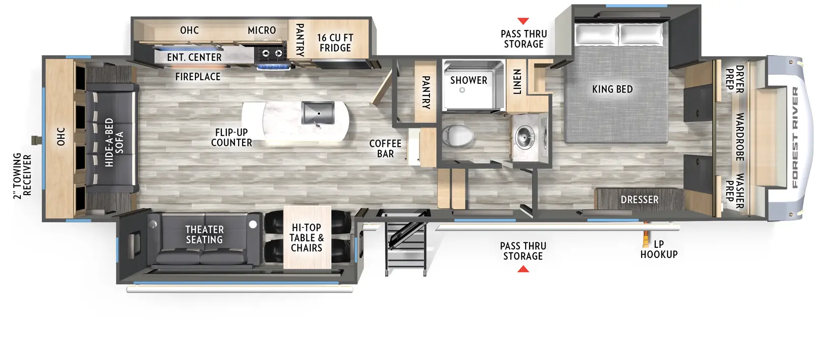 The Cardinal 32LIVE floorplan has one entry and three slide outs. Exterior features include: fiberglass exterior and 15' & 11' awning. Interiors features include: kitchen island, front bedroom and rear living.